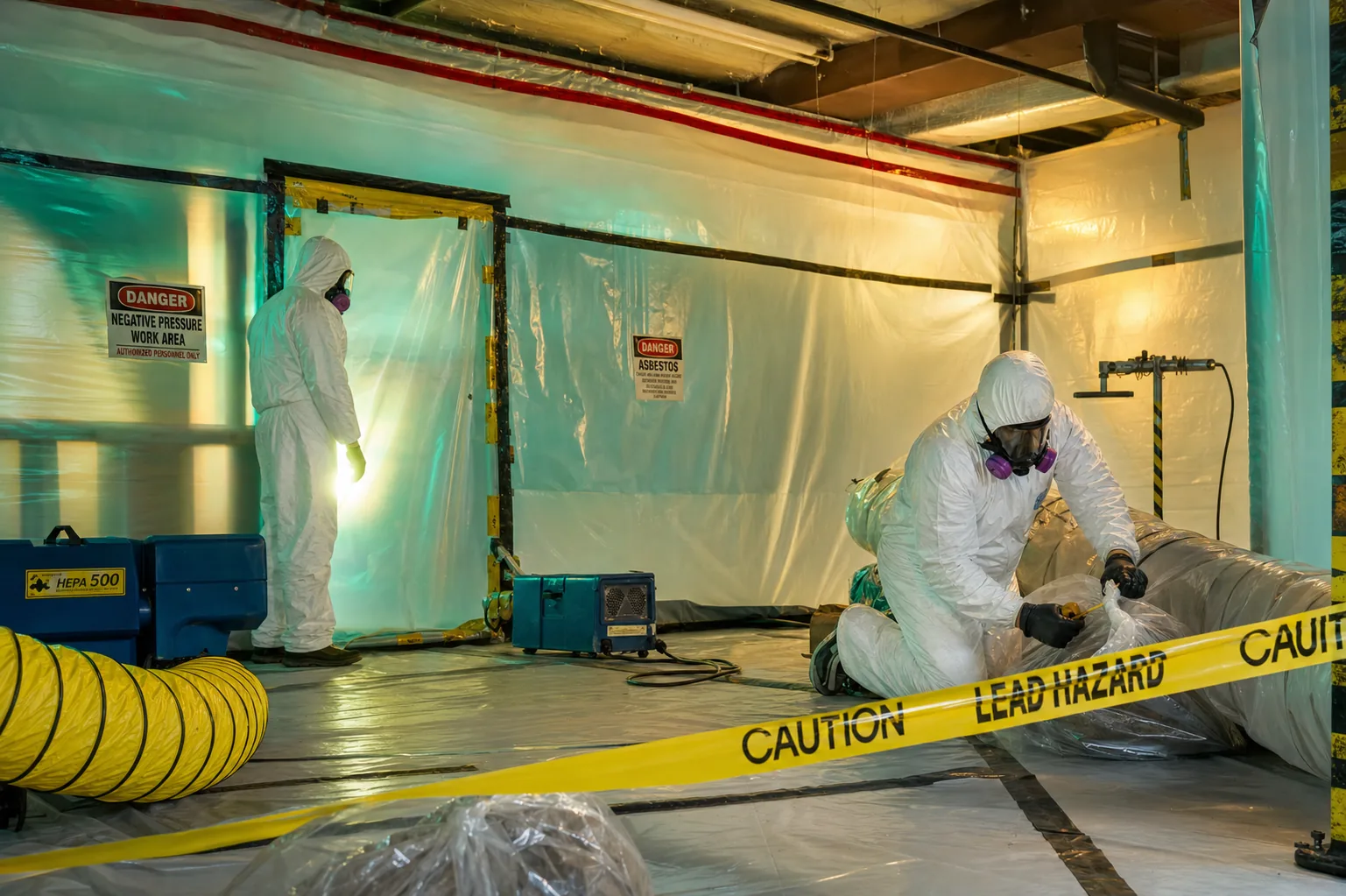 Abatement technicians working inside a sealed negative-pressure containment area